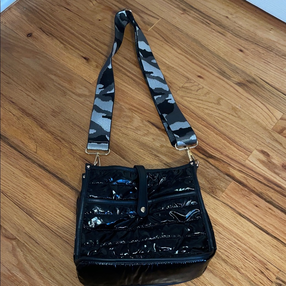 Black Quilted Patent Crossbody Bag with Camouflage Strap